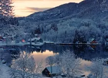 2040x1370 px architecture buildings Cabins forest Hills house lakes landscapes Lights mountains natu Art HD Wallpaper