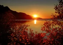 1920x1080 px lake landscape leaves mountains nature reflection sun sunset Trees Art HD Wallpaper