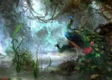 1920x1200 px animals artistic birds fantasy flowers forest Jungle lake landscapes Magical moss paint Art HD Wallpaper