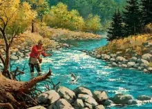 1920x1200 px artwork autumn fish fishes fishing painting river Sport Art HD Wallpaper