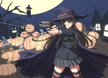 3541x2507 px black Brown eyes gun hair halloween hat Long Moon night Odamki original seifuku Thighhi Art HD Wallpaper