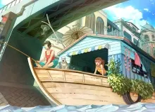 2890x1694 px animal bird black blue boat Brown building cat city clouds Cream eyes hair ice Kirinosu Art HD Wallpaper