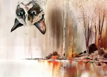 1680x1050 px cat cats drawing funny grumpy humor meme painting reflection Trees Art HD Wallpaper