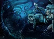 1920x1133 px art cat Cheshir Fantay forest girl league legends Lol Nidalee of spear Thicket Art HD Wallpaper