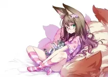1440x1020 px animal Brown cat ears eyes flowers Foxgirl Glasses Green hair Headdress kneehighs Long  Art HD Wallpaper